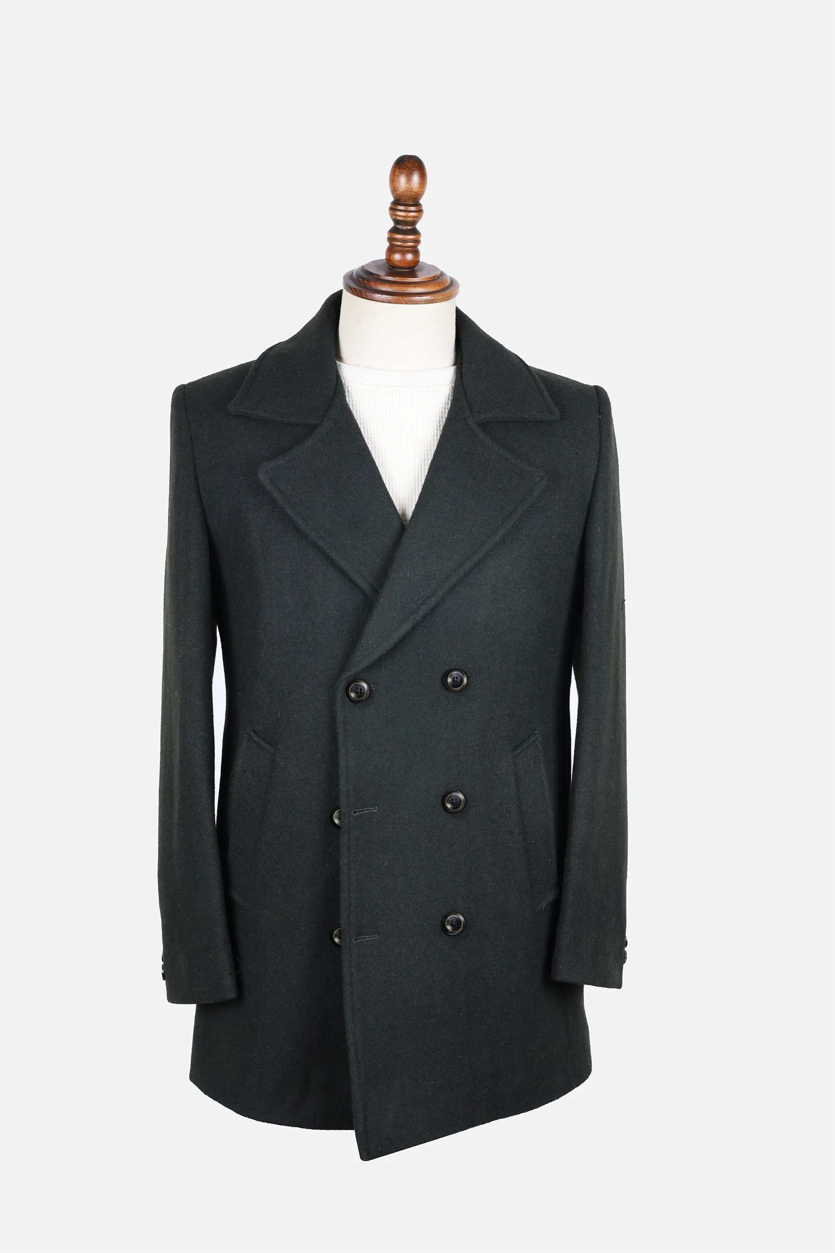 12_1e82da70-2148-46fb-a47d-6917d8504229 Dark Green Double Brest Woollen Long Coat - Image 1