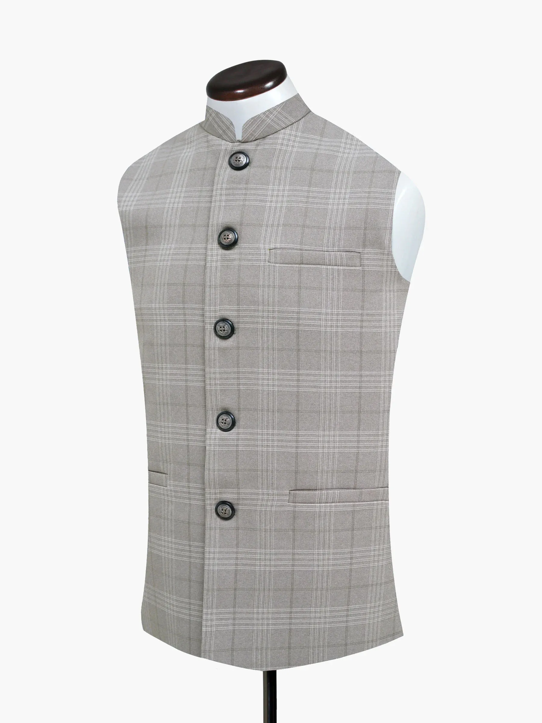 SandBrownCheckeredFormalWaistcoat (4) Sand Brown Checkered Formal Waistcoat - Image 1